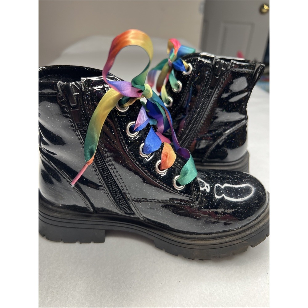 Kendall + Kylie Girls Size 11 Black Glitter Combat Boots Rainbow Laces
